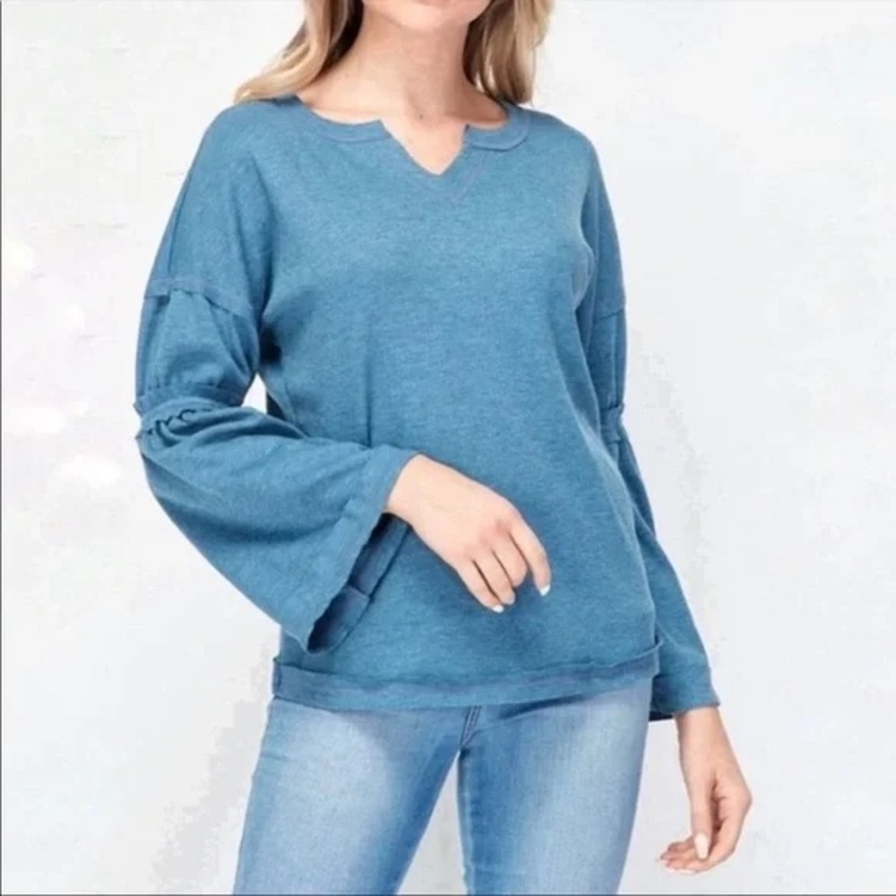BAEA Los Angeles Flare Sleeve Thermal Waffle Knit Top NWT Size M Denim Blue NEW